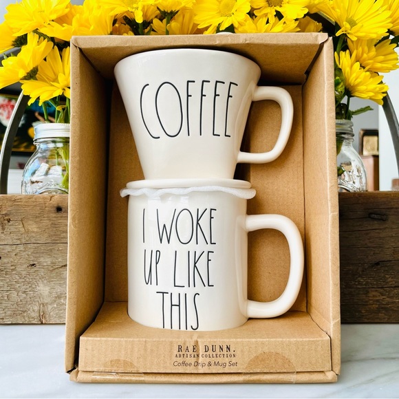 Rae Dunn•NIB•19.5 oz “I Wake Up Like This” Mug/“COFFEE”Pour Over/Drip Cone•White - Picture 3 of 9